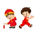 Cartoon Chinese kids with a firecracker Royalty Free Stock Photo