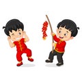 Cartoon Chinese kids with a firecracker Royalty Free Stock Photo