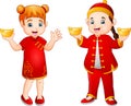 Cartoon chinese kids holding gold ingots Royalty Free Stock Photo