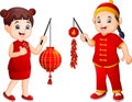 Cartoon chinese kids holding a lanterns and firecrackers