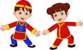 Cartoon Chinese kids with traditional costume Royalty Free Stock Photo