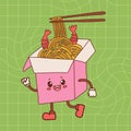 Cartoon Chinese noodles mascot walking. Asian food delivery concept. Japanese noodle paper box pack stylized character