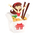 Cartoon Chinese Takeout Box With Noodle And Girl Royalty Free Stock Photo