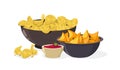 Cartoon chips in bowl. Yellow crispy fried potato snack in bowl, crunchy organic vegan product package. Vector