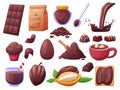 Cartoon chocolate food. Hot liquid cocoa, choco splash and beans. Natural sweets, candies and bars. Muffin and powder