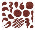 Cartoon chocolate sauce stains. Chocolate sauce dip, sauce splash, sweet food dressing, chocolate sauce flat vector illustration