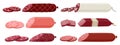 Cartoon chopped sausages. Butcher shop meat products, fresh semi-finished sausages and frankfurters flat vector illustration set