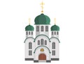 Cartoon christian church with green dome and cross