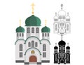 Cartoon christian church with green dome and cross line and shape art