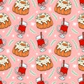 Cartoon Christmas cupcake and mulled wine, vector seamless pattern in the style of doodles, hand drawn Royalty Free Stock Photo