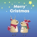 Cartoon Christmas Deers. Text Merry Christmas. Prize box. Funny and cute animal, Snow and star background blue color. Gift