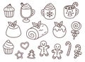 Cartoon Christmas desserts line art drawing set