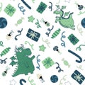 Cartoon Christmas dinosaur seamless dragon and candy and gift box and toys pattern for wrapping paper