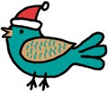 Cartoon christmas doodle of the blue bird with Santa Claus hat on the head