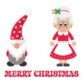 Cartoon christmas dwarf and cartoon mrs santa and christmas text