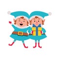 Cartoon christmas elfs holding a gift box