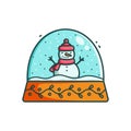 Cartoon Christmas glass snow globe with snowman inside vector illustration. Royalty Free Stock Photo