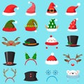 Cartoon christmas hat. Xmas different hats, winter masquerade masks. Elves ears, deer horns and snowman mask vector set Royalty Free Stock Photo