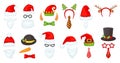 Cartoon christmas hats and accessories, photo booth props. Santa hat and beard, reindeer antlers, red nose, elf cap Royalty Free Stock Photo