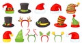 Cartoon christmas hats and headbands for xmas costumes. Santa claus hat, elf and snowman caps, reindeer antlers, winter Royalty Free Stock Photo
