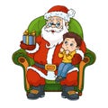 Cartoon Christmas illustration for children. Vector Santa Claus sitting in a chair and gives a gift to a boy Royalty Free Stock Photo