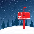 Cartoon Christmas illustration of a red postbox in the snow. Letters for Santa Claus. Royalty Free Stock Photo