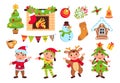 Cartoon Christmas kids. Little children in New Year costumes. Holiday elements. Fireplace and festive tree toys. Xmas Royalty Free Stock Photo