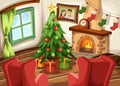 Cartoon Christmas living room interior. Vector illustration. Royalty Free Stock Photo