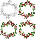 Cartoon Christmas New Year berry wreath with leafs template set. Vector illustration in color and black and white Royalty Free Stock Photo