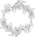 Cartoon Christmas New Year berry wreath with leafs template. Vector illustration in black and white