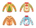 Cartoon christmas party jumpers decorated fir tree, Santa Claus, reindeer and bear design. Cute warm sweaters for winter