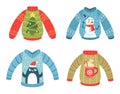 Cartoon christmas party jumpers for winter holiday celebration. Knitted cute sweaters with fir tree, snowman, penguin