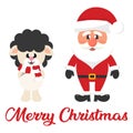 Cartoon christmas santa claus with winter cartoon sheep black and christmas text Royalty Free Stock Photo