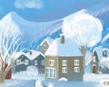 cartoon christmas scene with city in the winter with some kids near the town playing winter games illustration for children