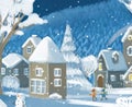 cartoon christmas scene with city in the winter with some kids near the town playing winter games illustration for children