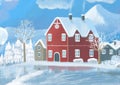 cartoon christmas scene with city in the winter with some kids near the town playing winter games illustration for children