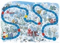 cartoon christmas scene with city in the winter with some wild animals near the town board game illustration for children Royalty Free Stock Photo