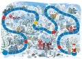 cartoon christmas scene with city in the winter with some wild animals near the town board game illustration for children Royalty Free Stock Photo