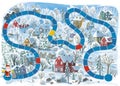 cartoon christmas scene with city in the winter with some wild animals near the town board game illustration for children Royalty Free Stock Photo