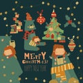 Cartoon Christmas set with little girl and bear Royalty Free Stock Photo