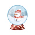 Cartoon Christmas snow globe with cute snowman character inside. Royalty Free Stock Photo