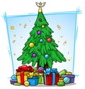 Cartoon christmas tree with balls and gift boxes Royalty Free Stock Photo