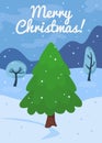 Cartoon Christmas tree card template. New year celebration concept with green pine and snow. Winter landscape background Royalty Free Stock Photo