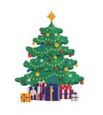 Cartoon christmas tree with gift boxes. Xmas vector illustration on white background.