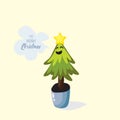 Cartoon Christmas tree in the pot wish you to have a very Merry
