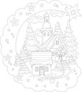 Cartoon Christmas village in snow with trees and stars sketch template. Winter vector illustration of houses in black and white Royalty Free Stock Photo