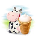 Cartoon friendly cow holding ice cream waffle cup. Vector clipart drawing illustration. Royalty Free Stock Photo