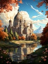 Cartoon church in an autumn park by the lake. AI