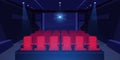 Cartoon cinema auditorium. Movie theater dark room with red seats and cinema projector glowing, scene background with
