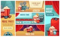 Cartoon cinema banner. Movie night tickets, cinemas popcorn and 3d film projector banners vector illustration set